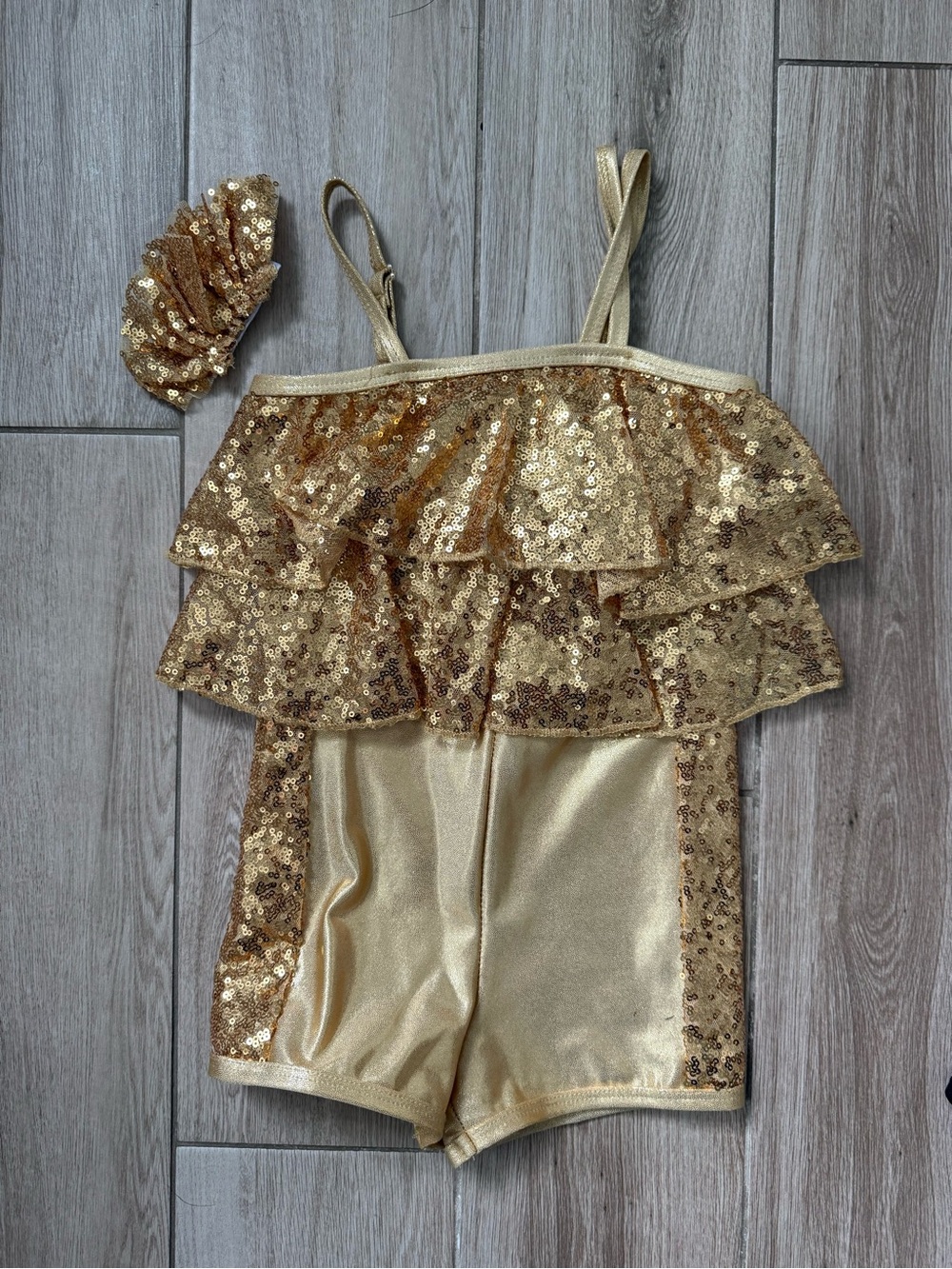Girls Dance Costume SC – Balera Gold Sequin Romper w/ Headpiece-Jazz Tap Recital